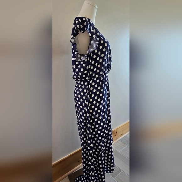 NWT Grecerelle V-Neck Faux Wrap Blue White Polka Dot Dress Ruffle Sleeve Sz. S - Picture 4 of 14